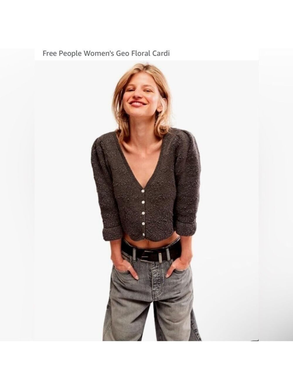 🔥NEW🔥 Free People Women's XS Geo Floral oversized fit Charcoal Grey Cardigan NWT
